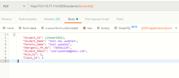 Screenshot of PUT request with \"insertId\"