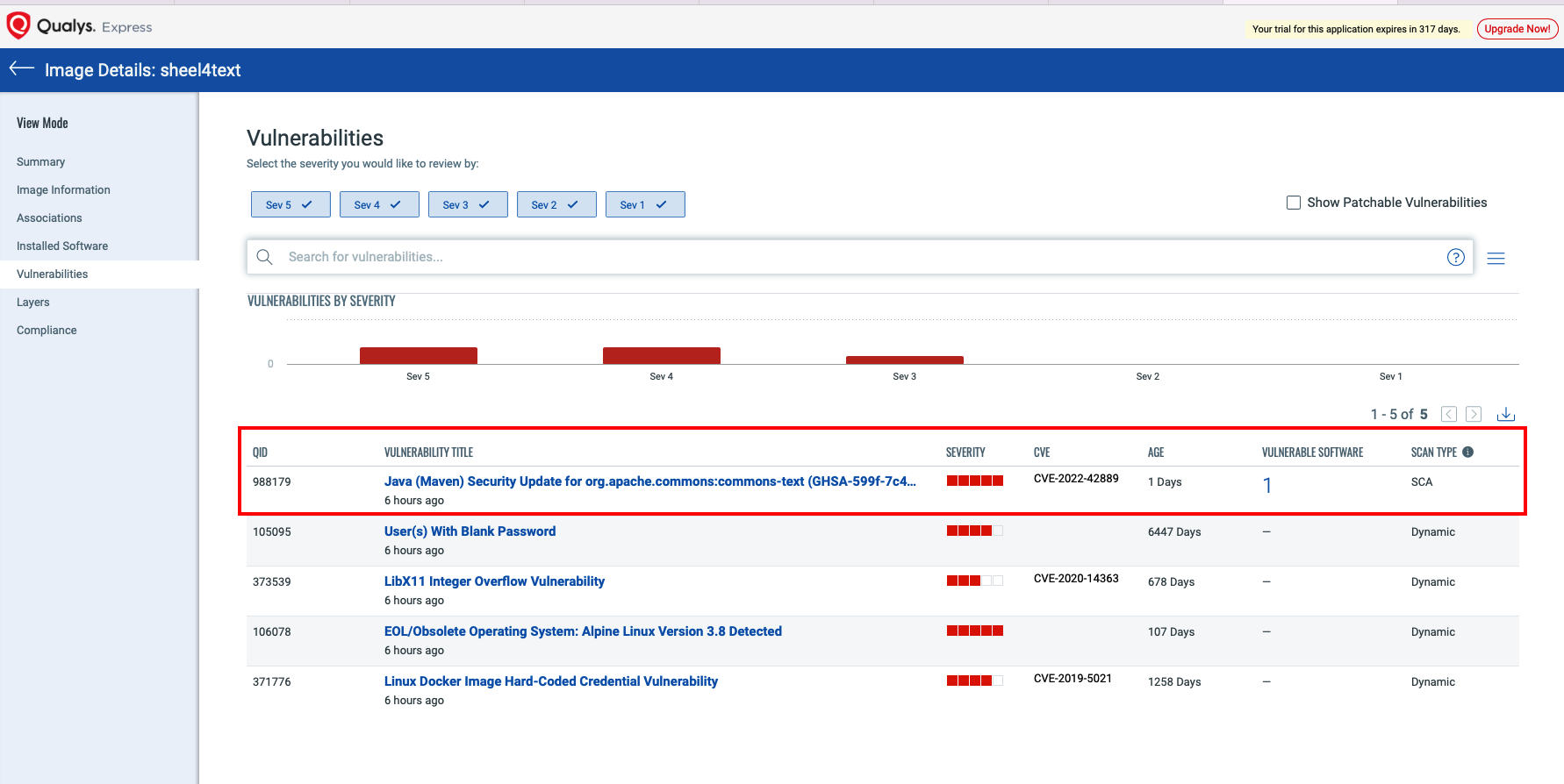 Qualys Container Security - Assets Tab: Images - Vulnerabilities view