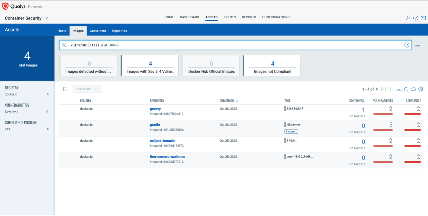 Qualys Container Security: Images Tab