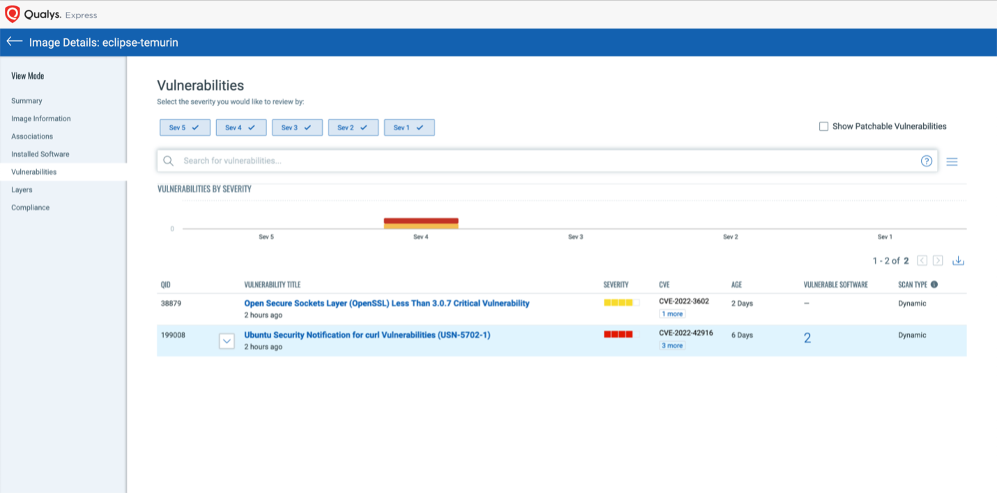 Qualys Container Security: Vulnerabilities Screen