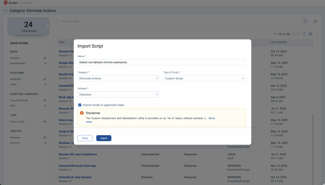 Qualys CAR script execution interface showing detection and removal of unauthorized browser extensions.